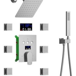 Bathroom Rainfall Shower System Wall Mount 8 Inch Shower Head With Handled Spray 6 Pcs jets Temperature Display Shower Faucet Set (Brushed Nickel)....