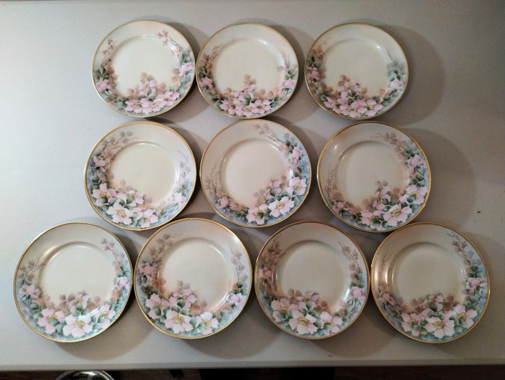 Set of 10 Hand Painted Wild Roses Artist Signed 6.5" Plates