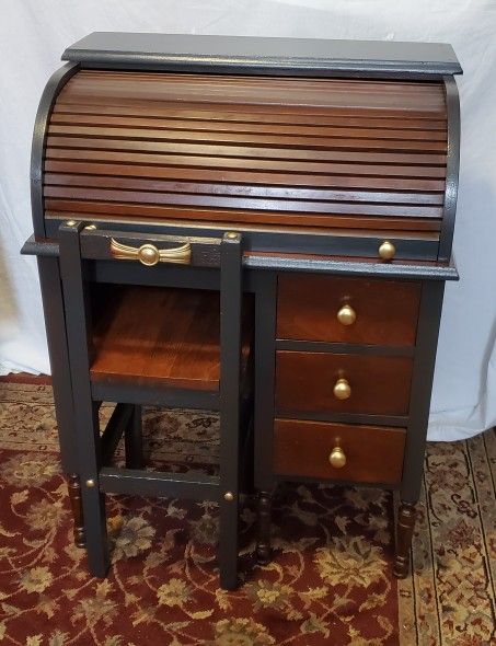 Vintage Solid Walnut Children's Roll Top Desk with Chair in Satin Finish - REDUCED