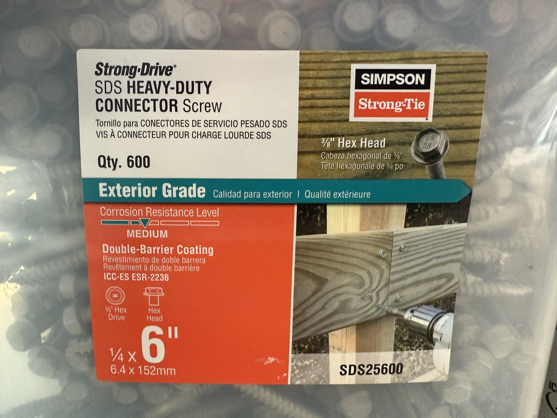 Simpson Strong-Tie SDS25600 1/4x6 Hex Drive Hex Head Double coated Steel Wood Screws, 600/Box