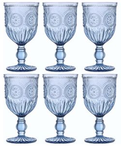 Blue Embossed Glass Goblets Set of 6