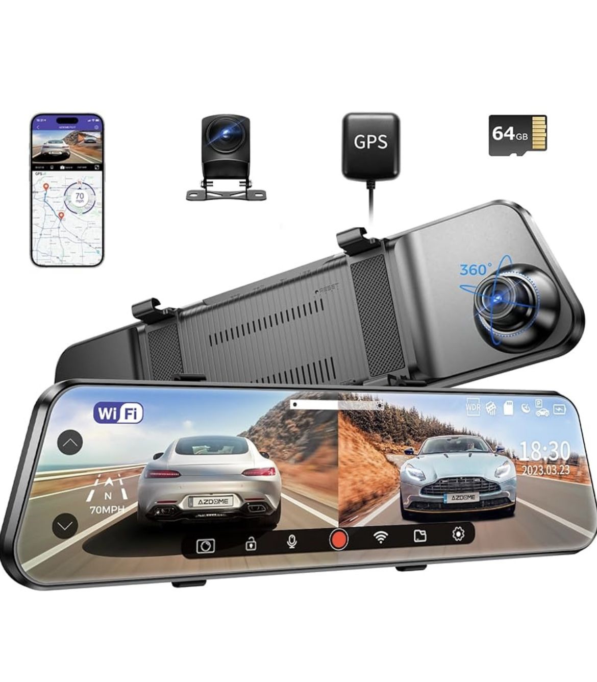 WiFi Rear View Mirror Camera, 12" Mirror Dash Cam, Dual Camera 2.5K Front and 1080P Rear Camera for Car, Free 64GB TF Card, Waterproof Backup Camera N