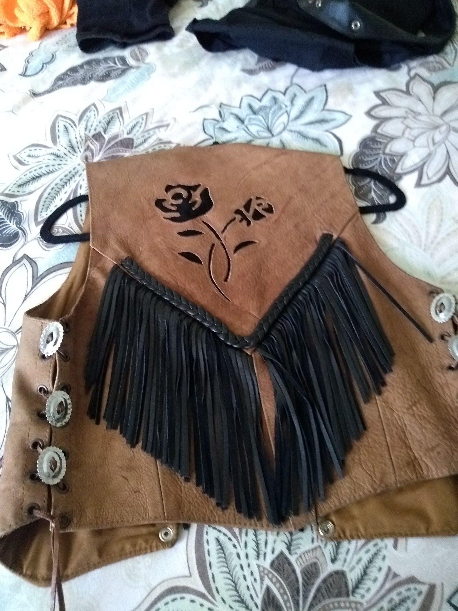 Tan rose fringe vest