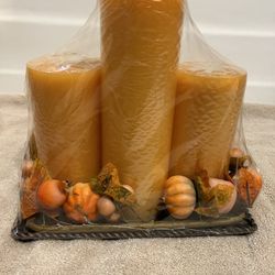 Set Of 3 Fall Pillar Candle Orange With Metal Base And Display With Decorate Pumpkins Around Candle Arrangement 