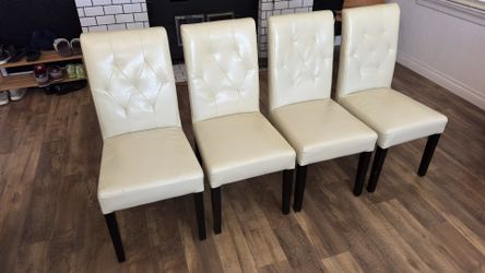 Set of 4 Genuine Leather Tufted Dining Chairs – Cream/White