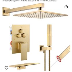 Shower Faucet Set Brushed Gold Shower System with Tub Spout Push Button Diverter Shower Fixtures with 2 in 1 Handheld, 10 Inches Shower Head(Rough-in