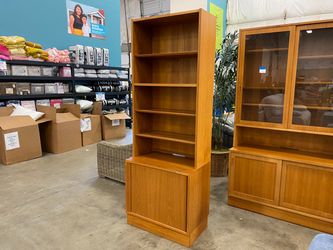 HUNDEVAD Danish Teak Bookcase with Tambour Pocket Door Bottom Cabinet