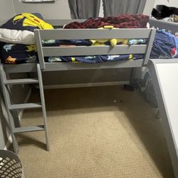 Max & Lily Low Loft Bed, Twin Bed Frame For Kids With Slide and Curtains For Bottom, Grey/Blue