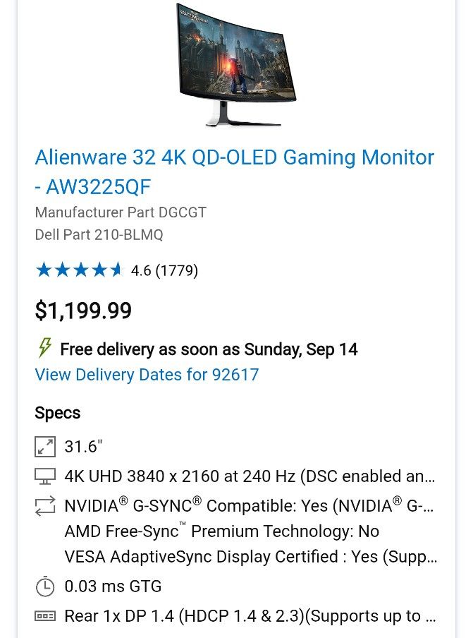 Selling: Alienware 32in 4K QD-OLED Gaming Monitor - AW3225QF