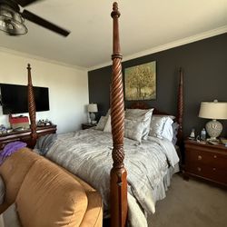 Four Piece Ethel Allen King Bed, 2 Nightstands, Seven Piece, Tall Chest And Six Drawer Credenza.