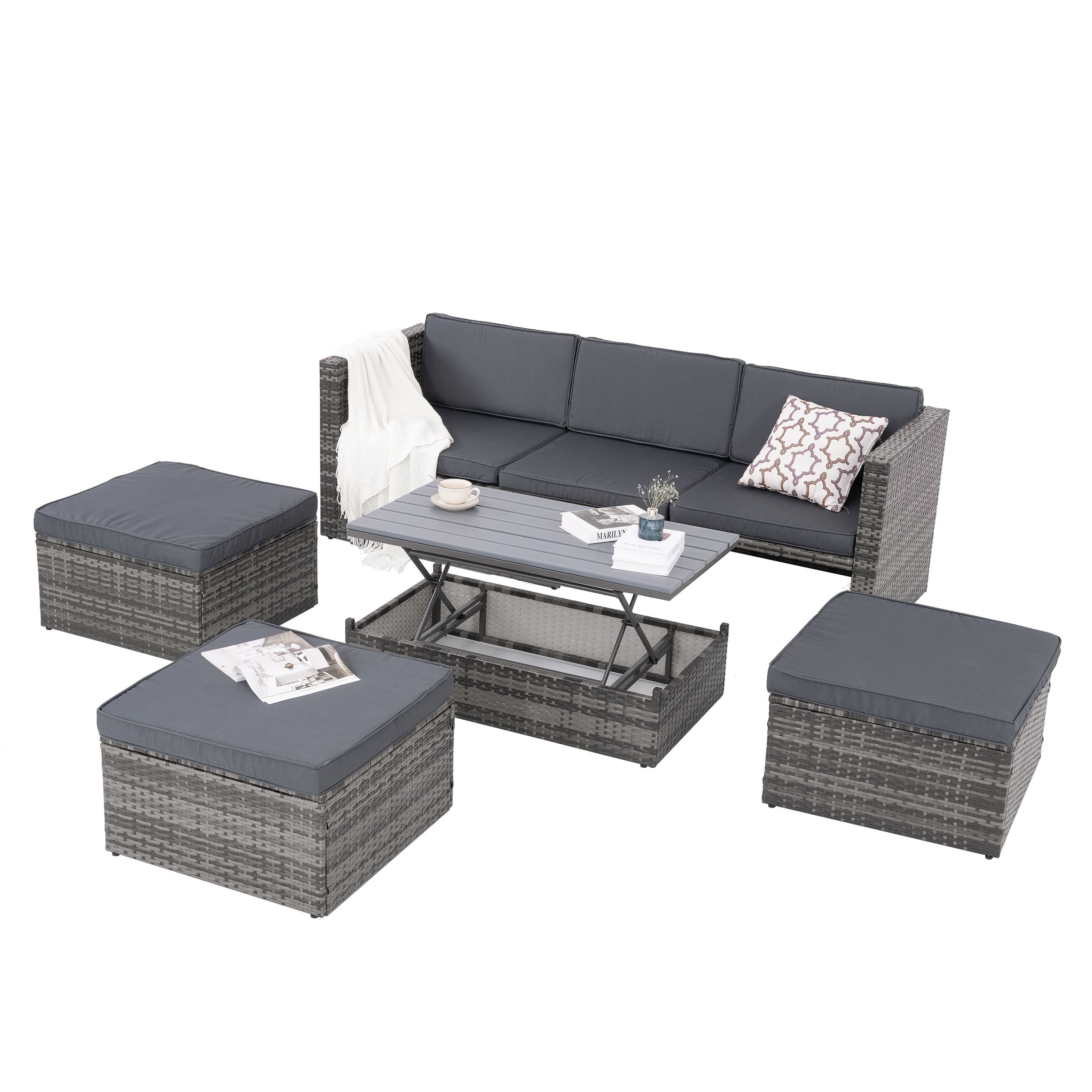 Patio Furniture, Outdoor Furniture, Seasonal PE Wicker Furniture,5 Set Wicker Furniture With Plywood Coffee Table,with lift TOP Coffee Table,with Loun