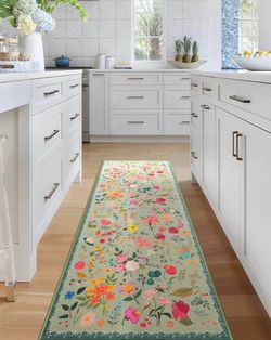 Boho Washable Area Rug 2x6 Green Floral