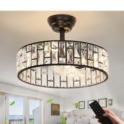 JUSHENG 17.71 in. Indoor Modern Black Crystal Ceiling Fan with Light Luxury Fandelier with Silent Remote Reversible Fan Blades @B14-312