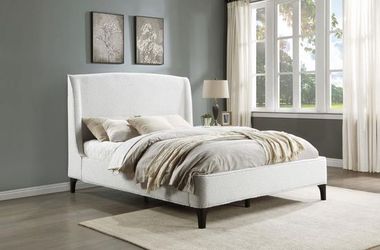 💎QUEEN / EASTERN KING SIZE WINGBACK BED SNOW CHUNKY BOUCLE FABRIC CAMA💎