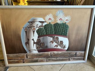 Southwestern Cactus Pot Still Life Wall Art - Green & White