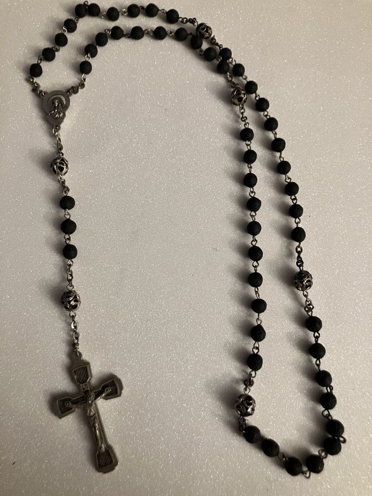 Vintage Catholic Black Round Rosary Beads Italy