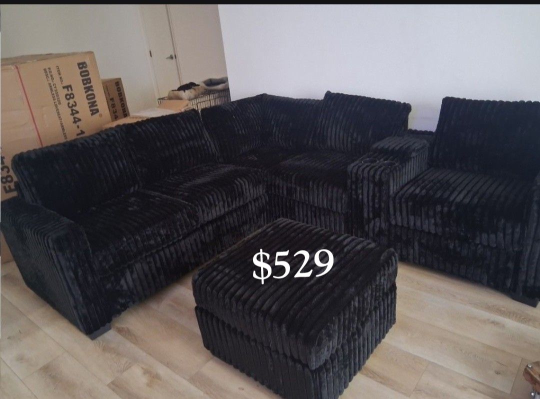 4-pc Sectional Sofa With Ottoman Black Fur-like Jumbo Corduroy NEW