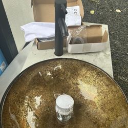 Bathroom Artistic Vessel Sink, Tempered Glass Vanity Round Bowl with Oil Rubber Bronze Faucet