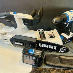 HART 8 Inch 20 Volts CHAIN SAW, Drill, 4.0 & 2.0 AH Batteries, Fast Charger