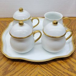 A Collectible Vintage Andrea by Sadek White Porcelain Pots De Crème Set With Gold Trim On A Matching Tray. Japan