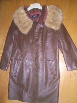 Vintage Brown Leather Coat with Fur Collar