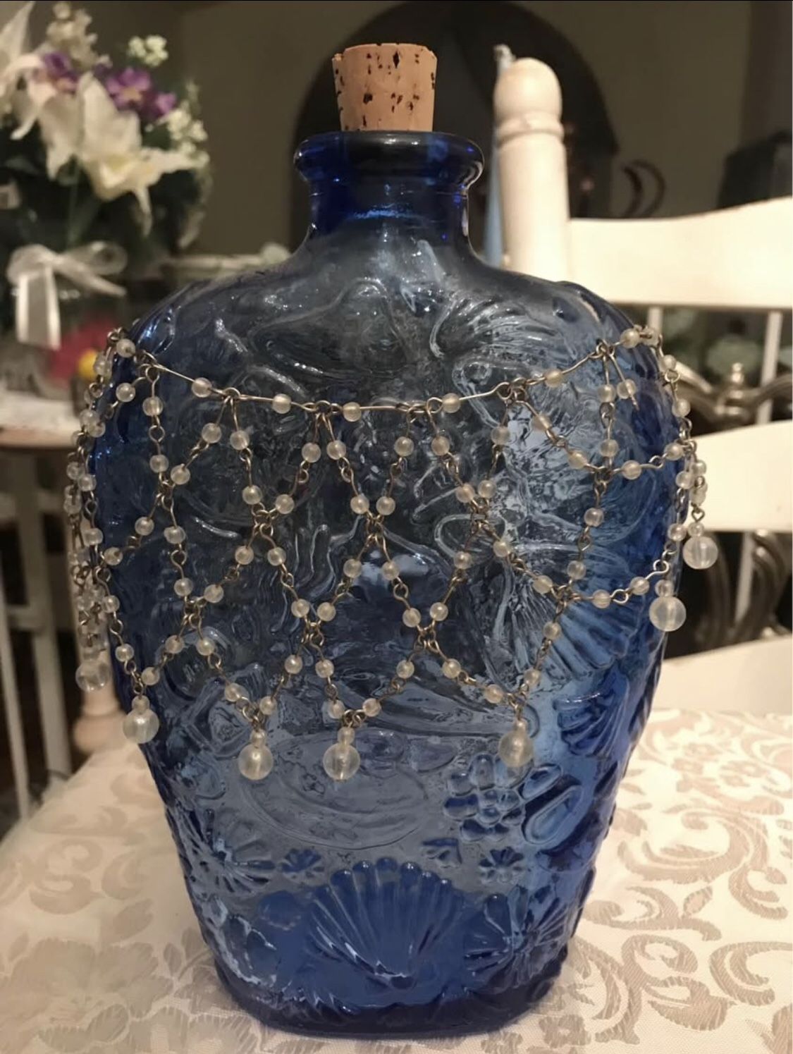 Cobalt Blue Art Jewelry Laced Glass Bottle Decanter