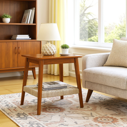 Arles 23" Mid-Century Side Table with Woven Shelf