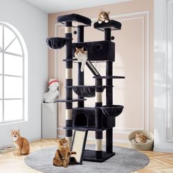 81" Large Cat Tree Tower for Large Cats with Cat Condo Hammock, 2 Scratching Ramps, 6 Scratching Posts, Blue