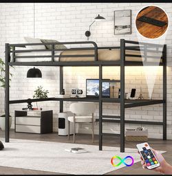 Metal Queen Size Loft Bed with Power Outlet and LED Lighted, Space-Saving, Noise Reduced, Black