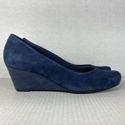 Clarks Size 8.5 Wide Women Shoes Blue Black Suede Leather Comfort Slip-On Wedges