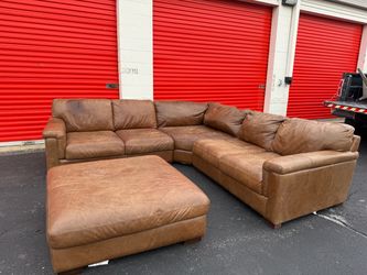 Brown Leather Sectional + Oversized Ottoman — FREE Curbside Delivery