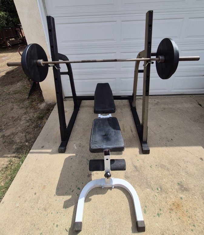 Squat Rack, Olympic Plates, & Weight Bench