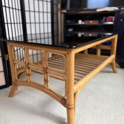 Vintage Rattan Coffee Table with Smoked Glass Top