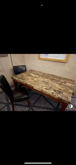 Marble Top Dining Table w/ 2 Black Leather Back Chairs