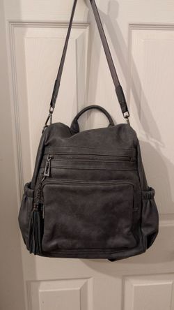 Gray Vegan Leather Convertible Backpack Bag