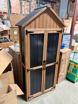 Outdoor Storage Cabinet Waterproof, Outdoor Storage Shed with Shelves, Wood & Metal Patio Backyard Garden Storage Cabinet Tool Organizer for Outside