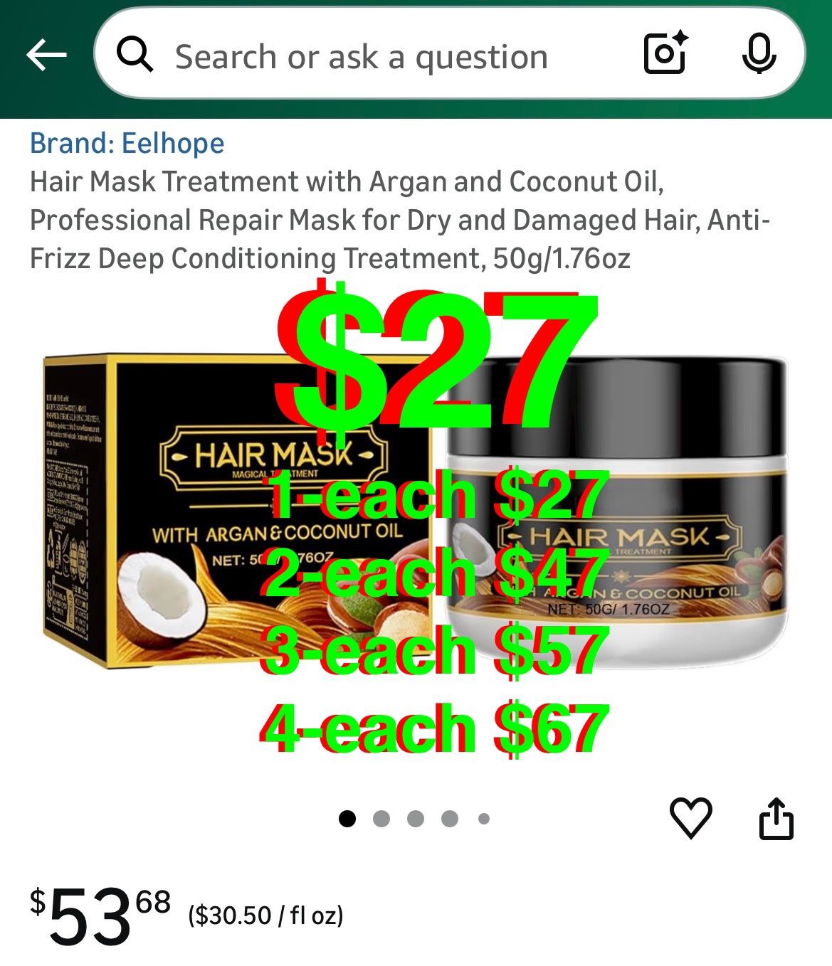 Hair Mask Treatment with Argan and Coconut Oil, Professional Repair Mask for Dry and Damaged Hair, Anti-Frizz Deep Conditioning Treatment, 50g/1.76oz