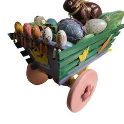 wooden hand painted decorated Easter wagon with bunny and decoated eggs