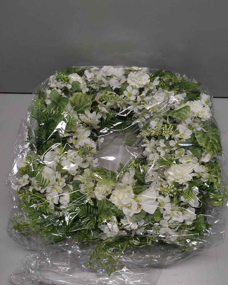 White Faux Silk Flower Spring Summer Easter Wreath 24-26" for Front Door - Anemone Daisy Tagetes Erecta Green Eucalyptus and Fern Leaves - Farmhouse F