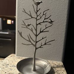 Silver Metal Bird Tree Jewelry Stand Display