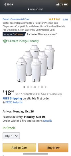Water Filter Replacements 6 Pack for Pitchers and Dispensers Compatible with Most Brita Standard Models For Delicious, Clean Water by Commercial Cool