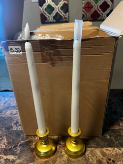 Flameless Taper Candles with Gold Candlestick Holders