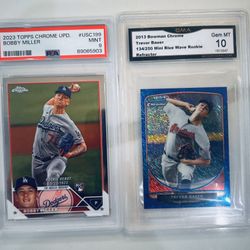 2013 Trevor Bauer RC Mini Blue /250 GMA 10 & 2023 Topps Bobby Miller RC PSA 9