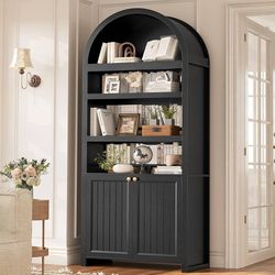 81" Tall Arched Cabinets,Bookcase with storage,Mid-Century Modern 6-Tier Bookshelf with Door