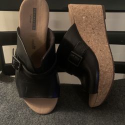 Clarks Black Leather Buckle Wedge Size 7