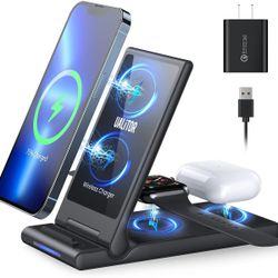 Wireless Charger Station, Foldable 3 in 1 Wireless Charger,15W Fast Wireless Charging Stand with 20W Adapter Qi-Certified Compatible with iPhone13/12/