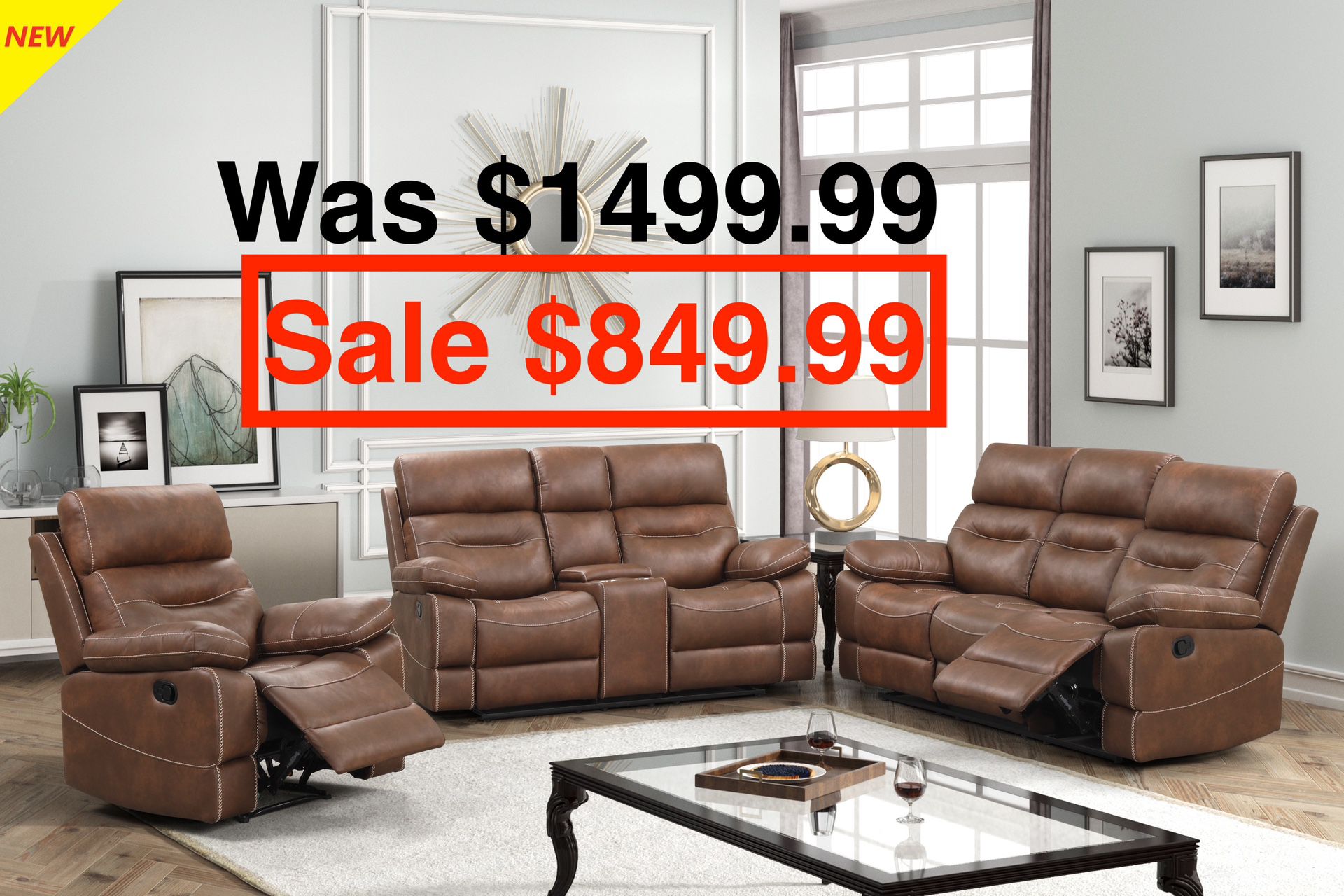 3 Piece Brown Reclining Sofa Set ( Loveseat with Console & 2 Cup Holders & a Storage) 