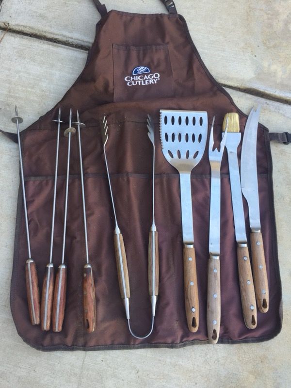 Chicago Cutlery 10 Piece Deluxe Heavy Duty BBQ Set Rosewood Forged Stainless Steel and Apron