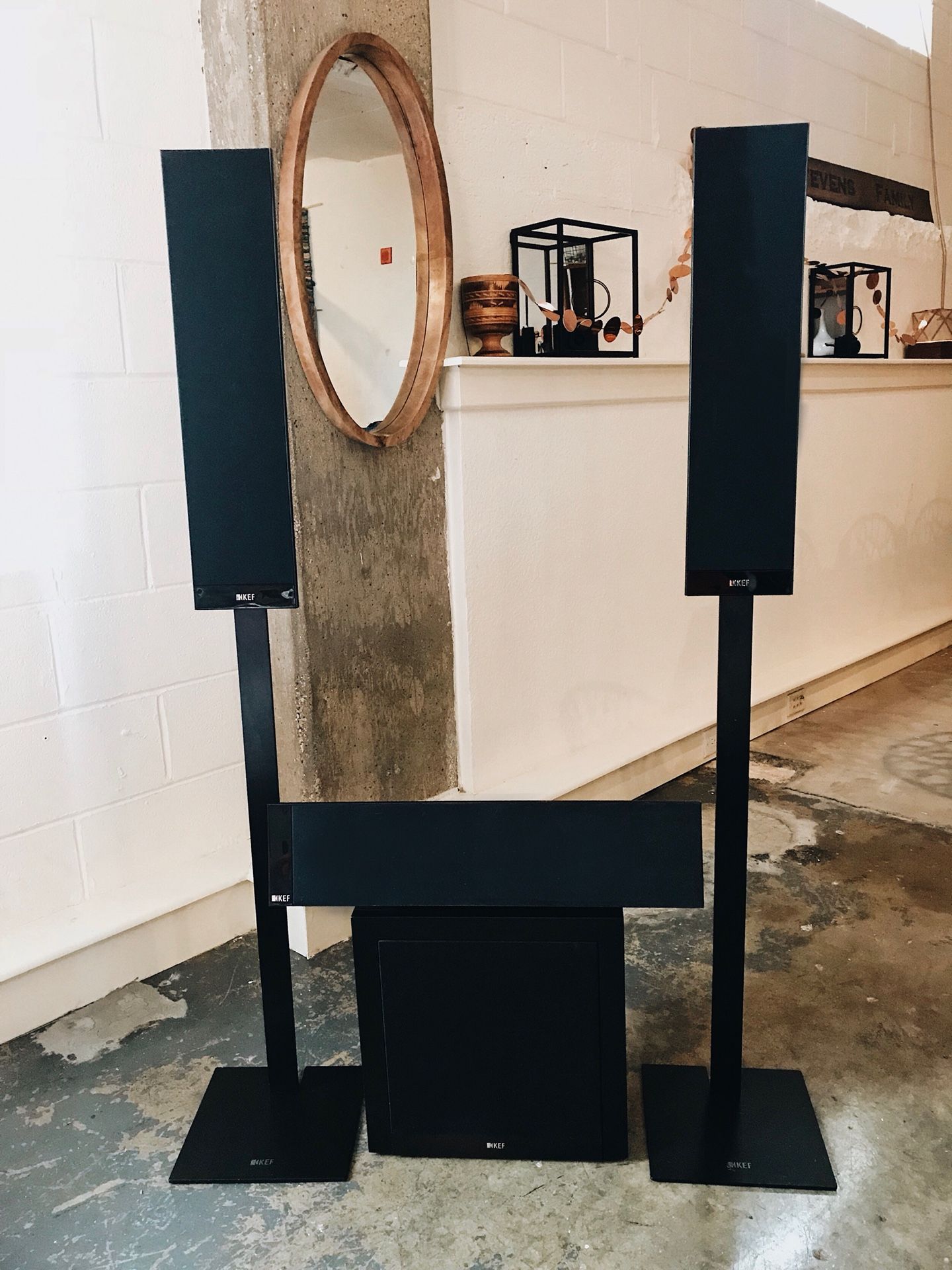 KEF T301 speakers, t301c center, t-2 subwoofer & stands