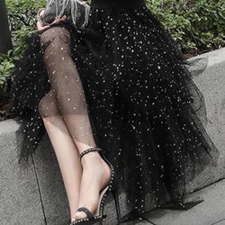 Tulle Skirts High Waist Elastic Midi Skirt A-line Irregular Layered Mesh Tutu Skirts